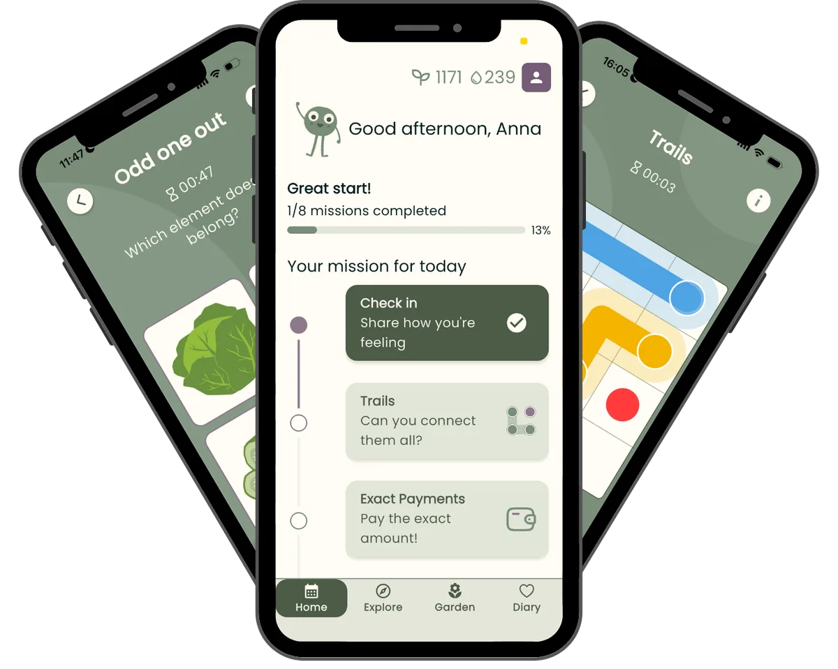 PuntoCare app showing daily missions, cognitive games, and activities