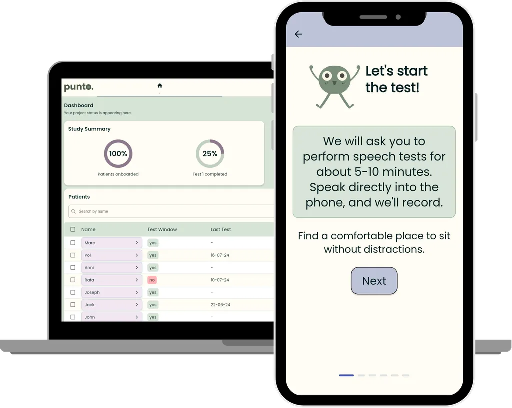 PuntoTest speech assessment on a phone alongside the clinical dashboard clinicians use to monitor progress